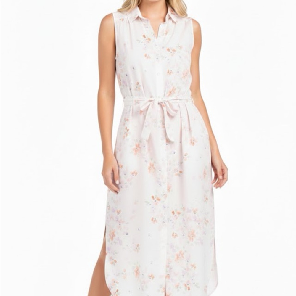 Cloth & Stone Pink Floral Pastel Sleeveless Waist Tie Maxi Shirt Dress Small